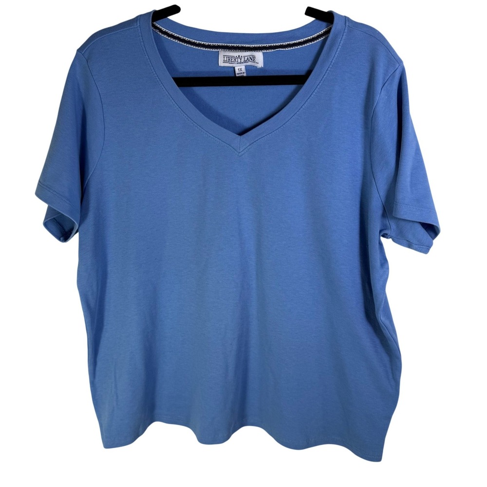 Liberty Lane Womens 1X Blue V-Neck Short Sleeve Cotton Blend T-Shirt Top